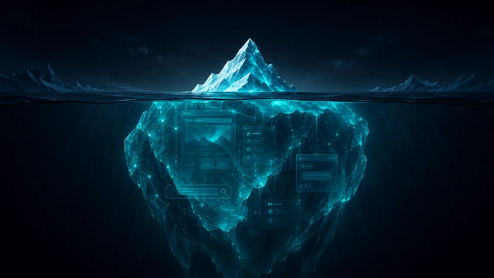 An iceberg: a small bright tip above the waterline representing the discovery call, and a vast submerged mass of website, social, search and chat touchpoints representing the pre-call experience