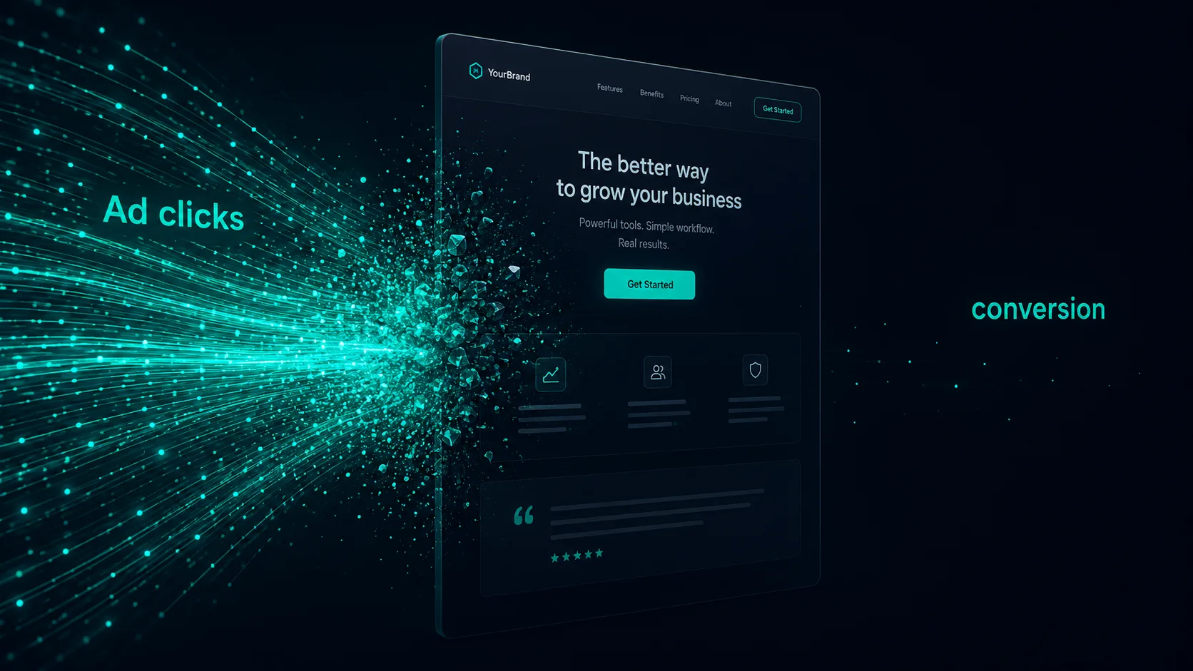 Um forte fluxo de cliques de anúncio atingindo uma landing page e se dispersando antes de chegar à conversão